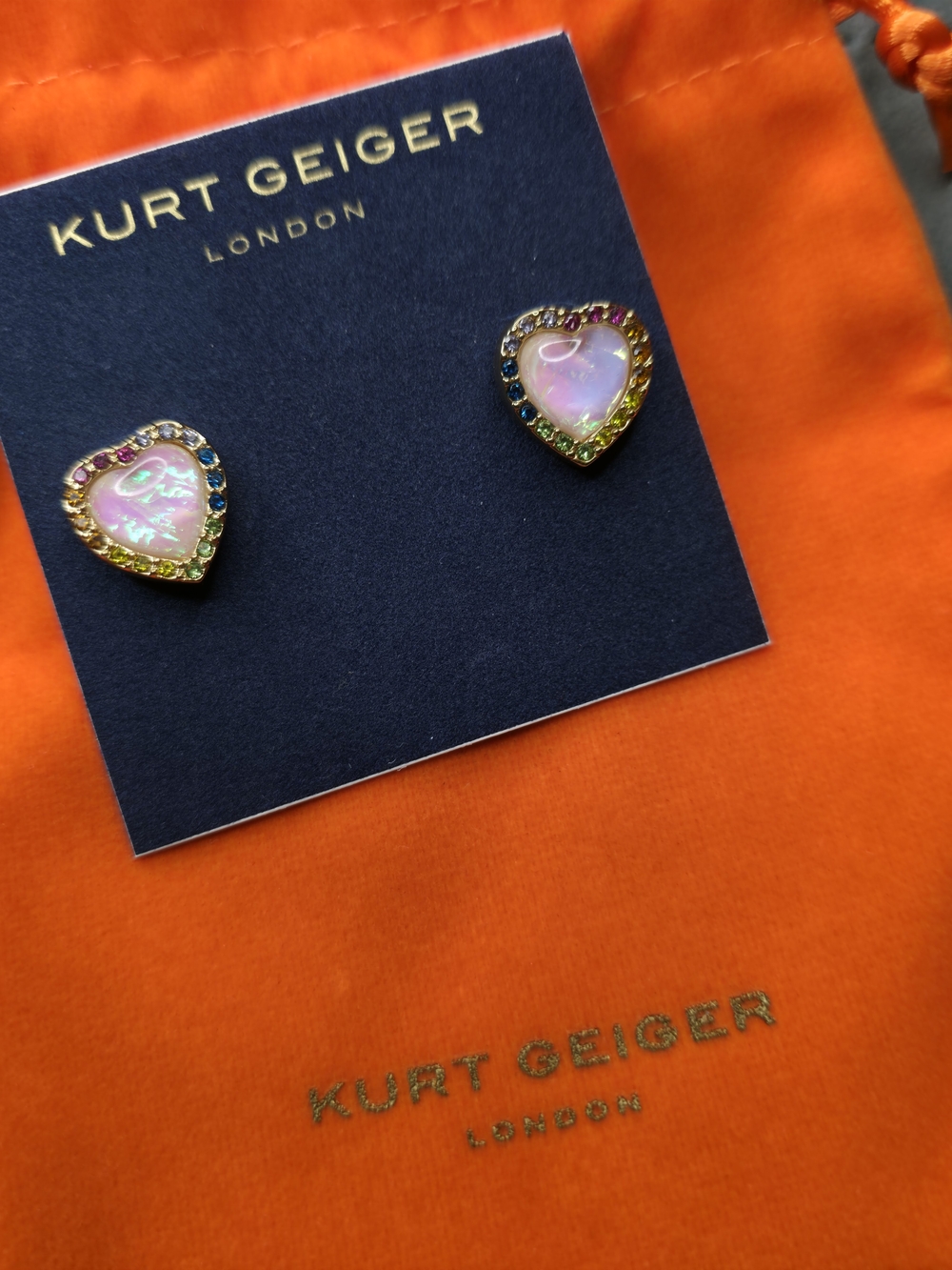 Kurt Geiger Gold Heart Stud Earrings with Pink Opal and Rainbow Crystals